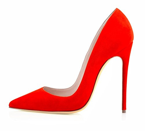 EDEFS Escarpins Femme Élégants Rouge Daim Talon Aiguille 12 cm Bout Pointu Chaussures Habillées Soirée EU42