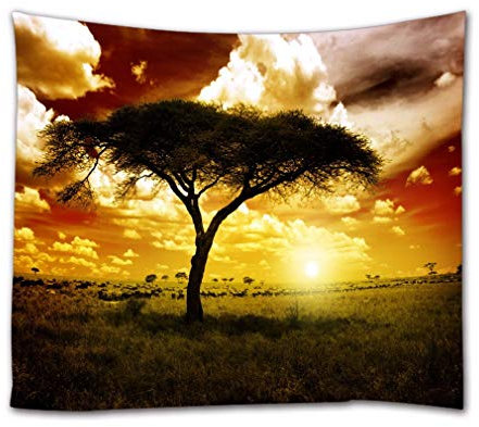 A.Monamour Wandteppich Afrikanischer Sonnenuntergang Baum Grüne Wiesentiere Natur Landschaft Stoff Tapisserie Wandbehang Wanddeko Wandkunst Wandbilder Wandtuch für Wohnzimmer Schlafzimmer