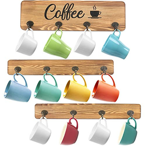 LotFancy Coffee Cup Holder, Wall Mounted Mug Rack with 12 Hooks, Farmhouse Wood Cup Organizer for Home, Office, Kitchen Display Storage Collection, Rustic Coffee Nook Décor