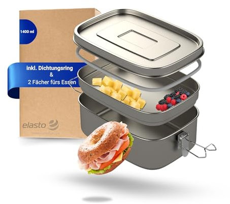 Uakeii Lunchbox Edelstahl 1400 ml - Robuste Brotdose für Kinder & Erwachsene inkl. Dichtungsring - BPA-freie Vesperbox mit zwei unterteilten Fächern - Ideal für Schule, Büro und unterwegs