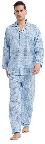 GLOBAL Ensemble de Pyjama Hommes Coton Vêtements de Nuit boutonnés à Manches Longues Cordon de Serrage Ensemble de Pyjama Respirant Hommes Haut Fond Bleu Carré Bleu Rouge L