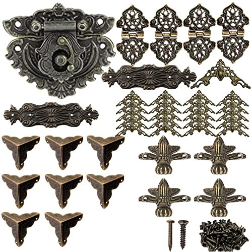 1 Set dekorative Box-Hardware aus Bronze, 1 Schlösser, 4 Butterfly-Scharniere und 8 dekorative Box-Ecken, 4 Dekorativer Ecke Fuß Standfüße, 20 Kantenabdeckung Eckenschutz, 2 Zierstreifen