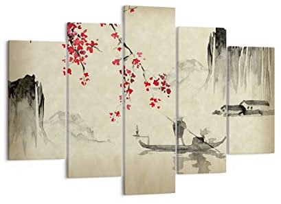 Mehrteilige Bilder auf Leinwand 150x100cm Leinwandbild Blume Kirschen Japan Groß XXL Wanddeko Bild Schlafzimmer Set 5 teilige Wandbilder Dekoration Wohnzimmer Canvas Wand Kunstdruck Art EA150x100-5020
