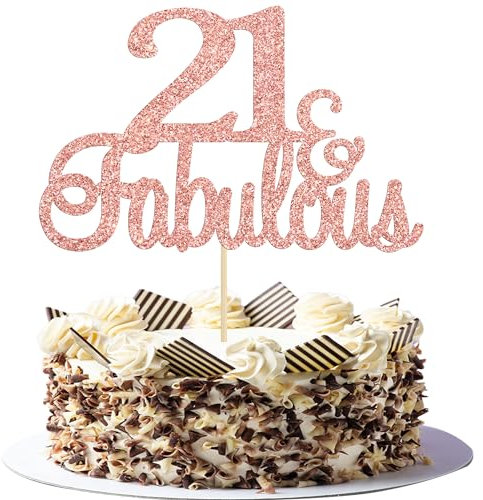 Gyufise 3Pcs Fabulous Cake Topper Rose Gold Glitter Cheers to 21st Birthday Cake Toppers Happy 21st Birthday Cake Pick for Wedding Anniversary Party Cake Decorations