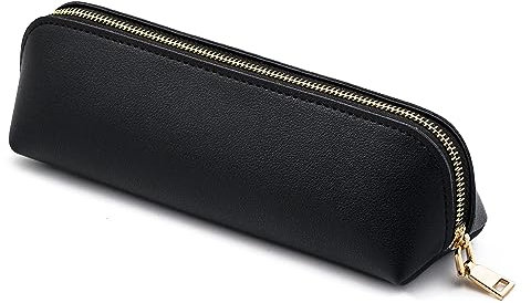 eusbon Portable PU Pencil Case, Triangle Stationery Bag Pencil Pouch Cosmetic Organizer Bag for Men and Women, Black