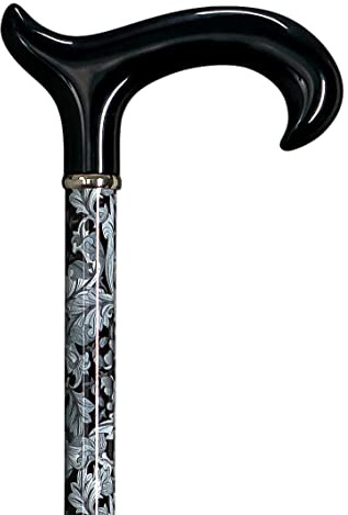 Fashion Gehstock Paisley Glanz, Derbygriff Glanz-Finish schwarz, Stock schwarz-weißes Paisley- Muster, Schwarzchromring, höhenverstellbar 82-104 cm, inkl. Gummipuffer