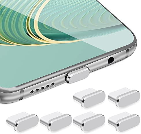 cobee USB C Staubstecker Set, 6 STÜCKE Typ C Port Stecker Anti Staub Abdeckkappen Ladeanschluss Abdeckung USB C Port Kappen Protektoren Typ C Metall Staubschutz Stopper für Smartphone Laptops (Silber)