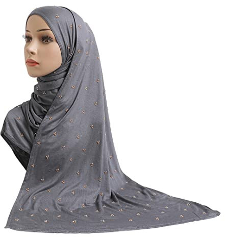 Baumwoll-Jersey, muslimischer langer Schal mit Perlen, Modal-Schal, islamischer Hijab-Schal, arabisch, rechteckig, Damenschal, Dunkelgrau 9