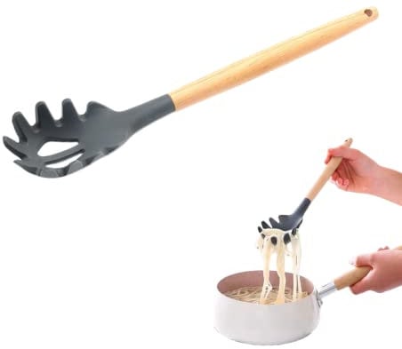 GaoBangM Spaghetti Spoon - 32cm/12.6inch Durable Heat-Resistant Silicone Pasta Spoon with Comfortable Wooden Handle and Non-Stick Portioner