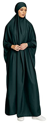 IMEKIS Damen Muslimischen Jilbab Kleid Islamischen Ramadan Gebetkleid mit Hijab Kapuze Abaya Kleid Einfarbig Lose Arabisch Khimar Kaftan Nahen Osten Dubai T?rkei in voller L?nge Robe Dunkelgr?n