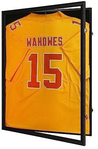 Tieeqe Trikot-Rahmen-Vitrine, Trikot-Display-Schattenbox, abschließbarer Trikot-Rahmen mit 2 Wandaufhängern und UV-beständiger Acryl-Vitrine für Fußball, Baseball, Basketball, Trikot, Schwarz, Holz