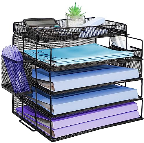 4 Livelli A4 Organizer Scrivania Ufficio Con Vassoio Di Carta Impilabile, Porta Documenti Ufficio Scrivania Rete Metallica Per Porta Documenti con Portapenne, Portadocumenti Con Vassoio Per Scuola