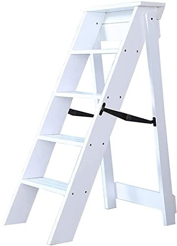 Klappstufen, Holz-Trittleitern, 5 Stufen, leicht, faltbar, Tritthocker, Mehrzweck-Trittleiter, Trittleiter, Klappleitern, Regal, Treppenhaus, Stuhl, maximale Belastung 150 kg/weiß