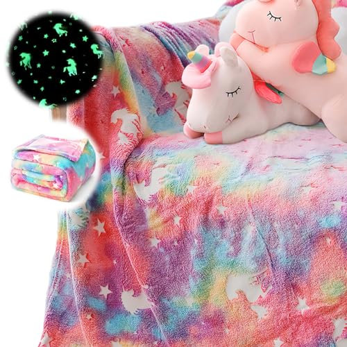 Darryy Kuscheldecke für Kinder, 135 x 160cm Einhorn Decke, Leuchtet im Dunkeln, für Mädchen, Geburtstagsgeschenk für 1-6 Jahre (E)