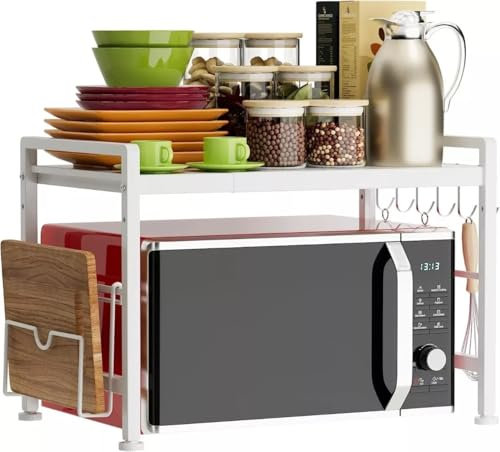 Multibao Expandable Microwave Shelf, 2 Tier Microwave Oven Rack Stand Holder Kitchen Corner Shelf Desktop Printer Shelf Rack, Bakers Rack,Air Fryer shelf Stand,Storage Solution Organiser (White)