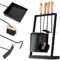 KADAX Modernes Kaminset, Kaminbesteck Set, 5-teilige Kamingarnitur, Kaminzubehörset mit Schürhaken, Ascheschaufel, Kaminbesen, Aschekratzer & Ständer (Schwarz 5-er Set)