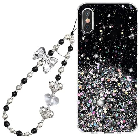 Rnrieyta Miagon Glitter Cover for iPhone XS/X,Soft Silicone Clear Sparkly Bling Star Bumper Case with Lovely Heart Butterfly Pearl Bracelet Chain Strap