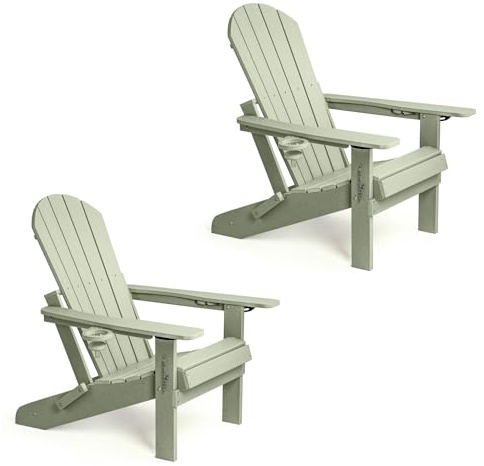 VonHaus Sage Green Folding Adirondack Chair Set of 2 - Reclining Slatted Style Garden Chair with Cup & Phone Holders - Weather Resistant HDPE Plastic Outdoor Armchair for Patio & Decking - Westport