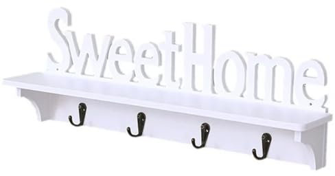 Bayli Wandgarderobe [Sweet Home] mit Ablage und 4 x Haken in weiß, Flurgarderobe, Wandpaneel 47x7x15 cm, WPC Hakenleiste, Kleiderhaken, Garderobenleiste