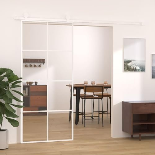 Gecheer Schiebetür Schiebetürsystem Glastür Glasschiebetür Ganzglasschiebetür Tür Innen mit Alurahmen Schiebetürbeschlagsätze ESG-Glas Aluminium 90 x 205 cm (B x H) Weiß