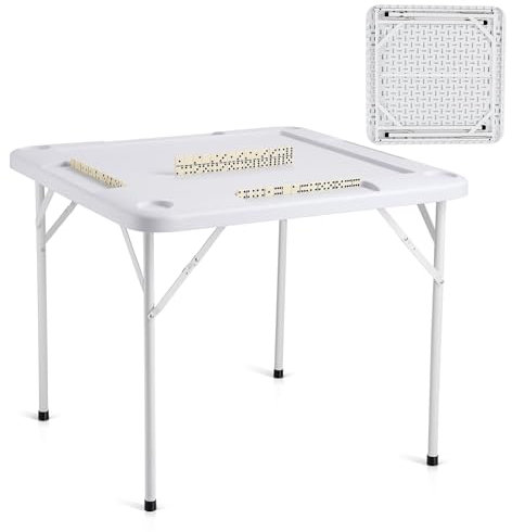 VEVOR Mahjong-Tisch, Domino-Tisch, Zusammenklappbarer Kartentisch für 4 Spieler mit 4 Getränkehaltern & 4 Chip-Fächern, Tragbarer Domino-Spieltisch mit 1 Satz Dominosteine für Mahjong-Poker-Puzzles