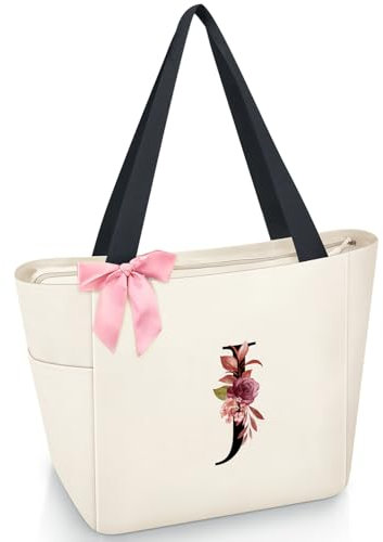 Vavabox Handtasche Damen A-Z Reißverschluss Schultertasche, Geschenke für Damen,Bräute und Brautjungfern, Arbeit,Reisen,Einkaufen,Schule (J, Beige)