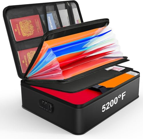 JUNDUN Organisateur de documents avec isolation thermique de 5200 ℉, porte-documents ignifuge avec serrure, boîte de rangement pour documents avec 7 compartiments, organiseur de dossiers（noir）