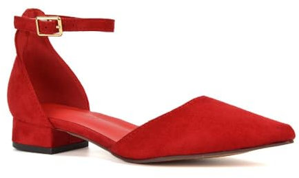 Women's Low Heel Point Toe Ankle Strap Court Shoes Ladies Red Faux Suede Wedding Dress Flat Pumps Size 3
