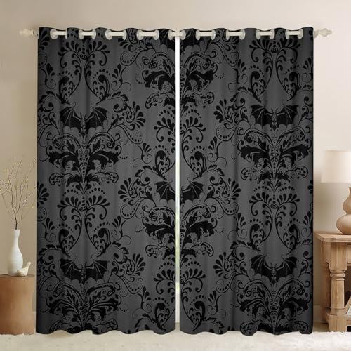 Schwarze Damastvorhänge für Erwachsene, antiker viktorianischer Barock, Verdunkelungsvorhänge, 2 Paneele, 117,8 cm B x 183,9 cm L, exotische Vintage-Blumenvorhänge und Vorhänge,