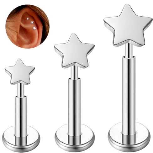ESHIONER G23 Titan Conch Tragus Helix Medusa Ohr Ohrpiercing Labret Lippe Bar Stecker Knorpel Hypoallergen Silber Stern 16g 6mm 8mm 10mm Gewindelose Push In Flat Back Studs Piercing Schmuck