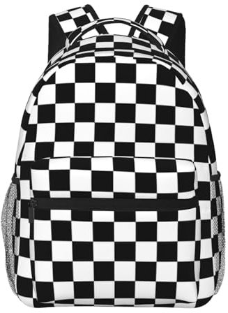 KoNsev Schwarz-weiß karierte Rucksäcke für Mädchen und Jungen, modisch, lässig, Tagesrucksack, Reisen, Uni, Lehrer, Schwarz , Einheitsgröße