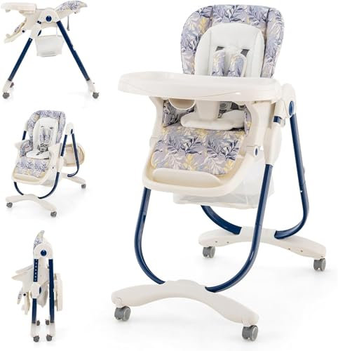 Foldable Baby High Chair with Adjustable Height, Recline & Footrest, Double Removable Tray, Storage Basket, Portable High Chair with Wheels for Babies & Toddlers (Navy)