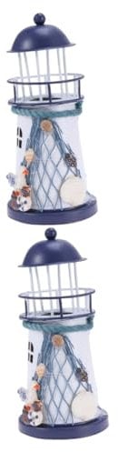 ANDRESLAD 2stücke Lighthouse Teelichthalter Im Mediterranen Stil Handbemalt Für Strandpartys Und Haus Dekorativer Leuchtturm Mit Muscheln Und Fischernetz Sea