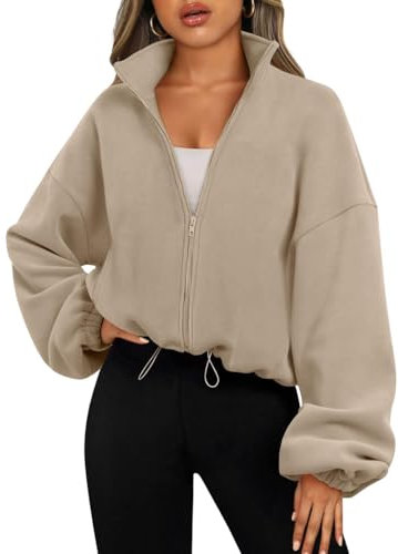 EIRUKON Felpa Donna con Zip Senza Cappuccio Pile Giacca da Donna Felpe con Cerniera Sweatshirt Casual Tenere Caldo Primavera Autunno,Cachi,XL