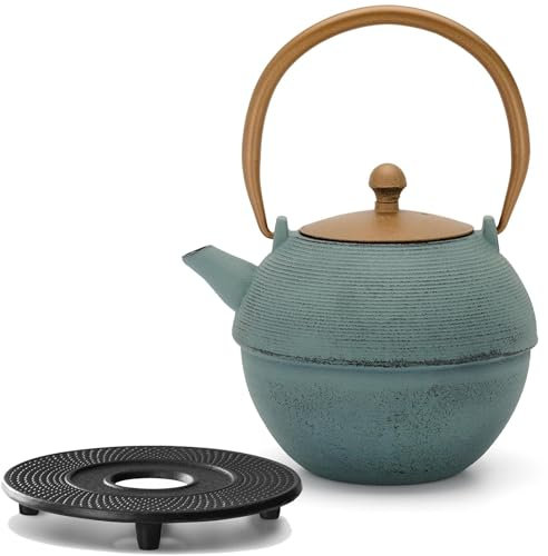 Bredemeijer Asia Teekanne Set 1.2 Liter - blaue gusseiserne Kanne mit Guss-Untersetzer & Edelstahl-Tee-Filter-Sieb Einsatz