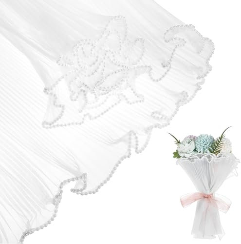 Flower Wedding Wrapping Paper White Pearl Mesh for Bouquets, Pearl Edge Wrinkle Bouquet Wrapping Papers Ruffle Yarn Translucent Wavy Net Floral Packaging Paper for Valentine's Day Mother's Day 4 Yards