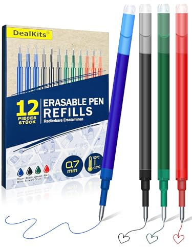 12x Radierbare Ersatzminen, DealKits 0.7mm Gelschreibermine Kompatibel mit Pilot FriXion Ball & Clicker & Eberhard Faber, Ersatzmine für Gelstift Radierbar, 400m Schreiblänge, BlauSchwarzRotGrün