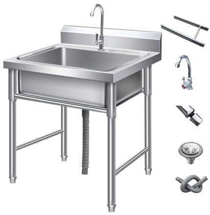Fregadero De Pie Libre De Acero Inoxidable, Fregaderos De Un Seno Con Agua Fria Y Caliente Grifo, Comercial Restaurante Fregadero Exterior Independiente,para Interior Y Exterio(80x60x80cm/31.4x23.6x31