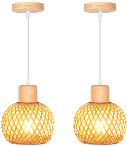 iDEGU Lot de 2 Suspensions Luminaires en Bambou et Bois Vintage Lampe 13cm Mini Abat-jour à Boule Rotin Vintage Lustre Style Bohème E27 Luminaire Plafonnier Décoration pour Chambre Couloir Salon Café