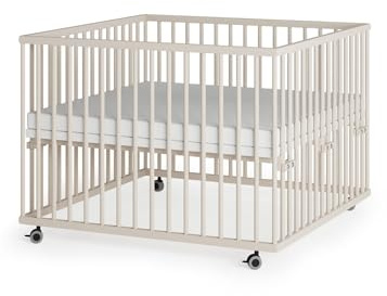 Sämann Laufstall Baby 100x100 cm mit Matratze SleepPlus und Schlupfsprossen | TÜV geprüft | stufenlos höhenverstellbar | Laufgitter Premium | Babybett aus Holz | Krabbelgitter sahara dust