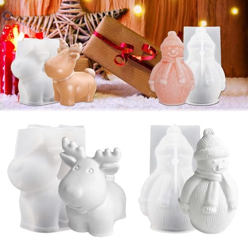 2PCS Silikonformen Gießformen Weihnachten TREABEAR, Gießformen Silikon Schneemann, Silikonformen gießformen Elch Kerzen Formen Silikon, Gipsformen Zum Gießen, Weihnachten Schneemann DIY silikonformen