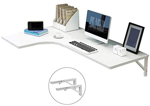 Wandmontierter Klapptisch, multifunktional, platzsparend, Ecktisch für Heimbüro, Computer, Werkbank in weißem Holz, Walnuss und schwarzen Oberflächen.