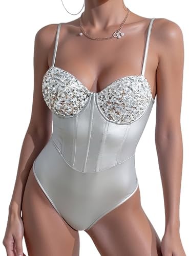 FEOYA Damen Sexy Paillette Body Ärmellos Catsuit High Cut Reizwäsche Babydoll Frauen Stringbody Dessous Sexy Unterwäsche One Piece Outfit Glänzender Bodysuit Rückenfreie