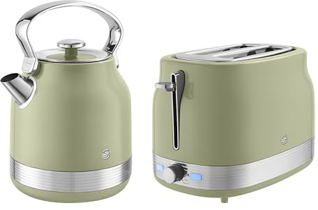 Swan Retro Kitchen Set, 1.7L Rapid Boil Traditional Kettle and 2 Slice Toaster, Non-Slip Feet, Green, SK14631GRN & ST19028GRN