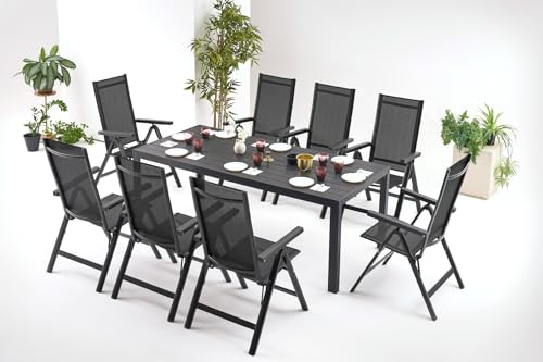 MAT-COMPANY Gartenset 9-teilig Aluminium Tisch 200 cm + 8 Stühle mit Textilbespannung – wetterfest, pflegeleicht, Deluxe-Version