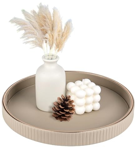 YYTECH Deko Tablett Rund Ø 30 cm Rundes Serviertablett PU Leder Dekotablett Nachttisch Ablageschale für Küche Tisch,Wohnzimmer, Schlafzimmer,Badezimmer(Beige)