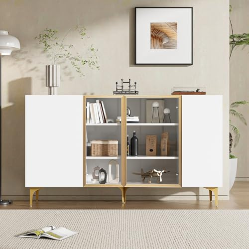 ModernLuxe 4-Tür Sideboard Weiß mit Glas & Metall – Elegante Kommode für Wohnzimmer & Esszimmer, Grifflose Anrichte mit goldfarbenen Metallfüßen, Viel Stauraum