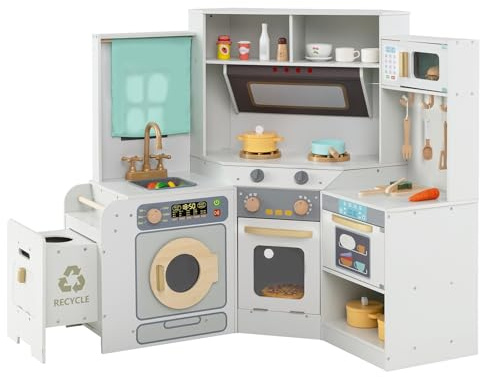 GOPLUS Cocina de Juguete de Esquina, Cocinita Infantil de Madera con Cubo de Basura Extraíble, Fregadero, Fogones, Microondas, Horno, Lavadora, Luces y Sonidos para Niños de 3+ Años (Gris)