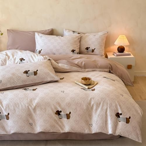 Tospass Bettwäsche 155x220 Dackel Khaki Braun Dachshund Herzen Bettwäsche Teenager Mädchen Kinderbettwäsche Mikrofaser ÖKO-TEX Deckenbezug 1 Bettbezug mit Reißverschluss und 1 Kissenbezug 80x80cm