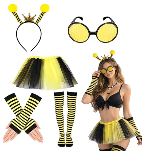 GWAWG Bee Costume Set Adults, Bee Headband with Antennae Glasses, Black Yellow Striped Knee High Tights, Long Gloves & Tutu Skirt for Halloween, World Book Day, Animal Fancy Dress